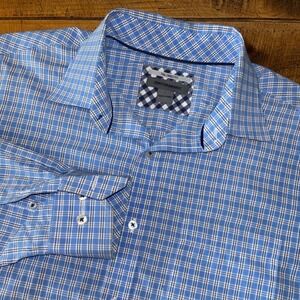 Johnston & Murphy Mens Blue Black Plaid Button Down Shirt Tailored Fit Large